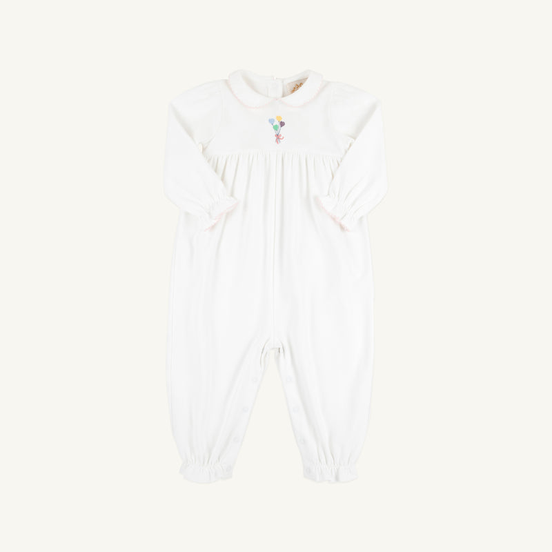 Long Sleeve Britt Romper - Worth Avenue White with Palm Beach Pink & Balloon Embroidery
