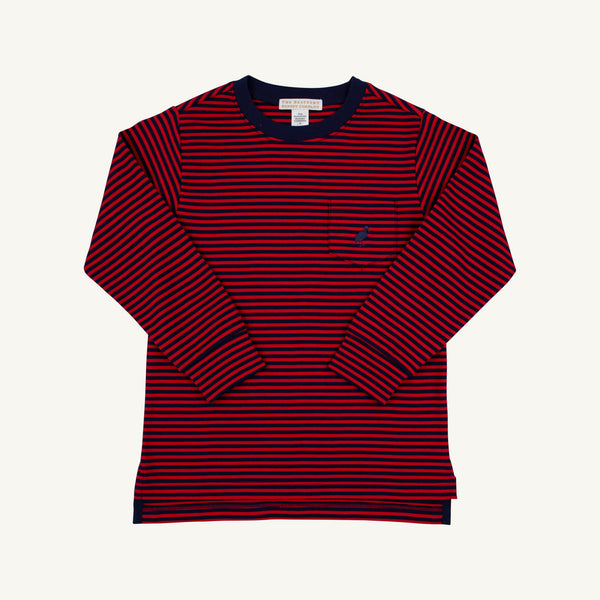 Long Sleeve Carter Crewneck - Richmond Red & Nantucket Navy Stripe long-sleeve crewneck Pima cotton tee with horizontal stripes, featuring a chest pocket with a small embroidered bird logo.