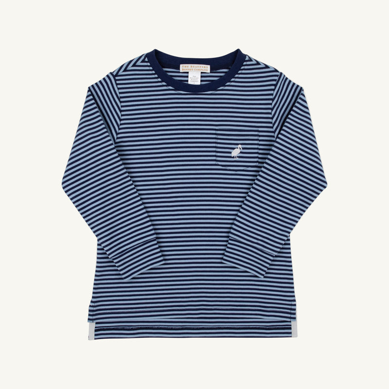 Long Sleeve Carter Crewneck - Barrington Blue & Nantucket Navy Stripe with Worth Avenue White Stork