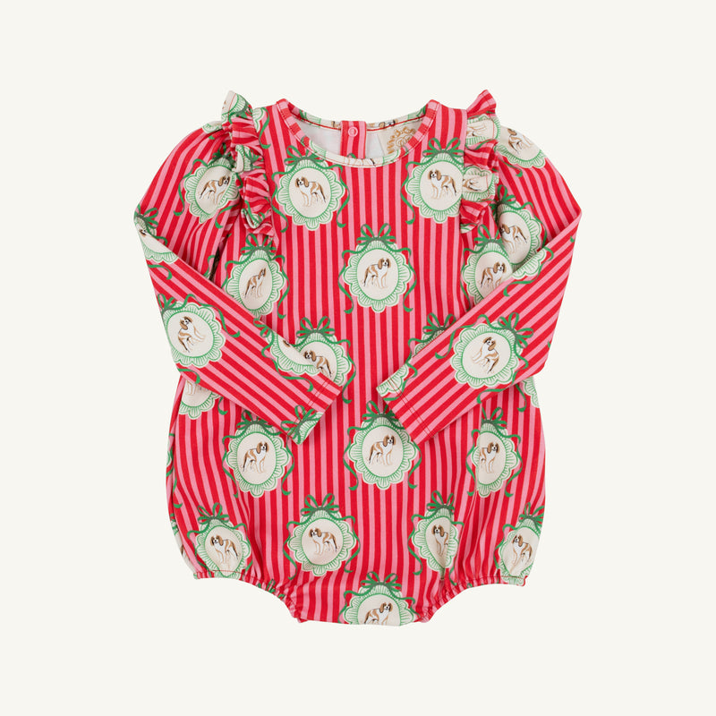 Long Sleeve Dorcie Day Bubble - Distinguished Doggies bubble romper with a red and white vertical striped pattern and a repeating print of puppies in green scalloped wreaths.