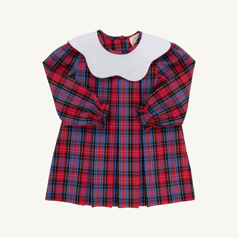The Beaufort Bonnet Company Long Sleeve Frenchy Frock in Bucktown Tartan with Worth Avenue White, a children’s holiday dress featuring red and blue plaid, gathered sleeves, and a large white scalloped collar, laid flat on a white background.