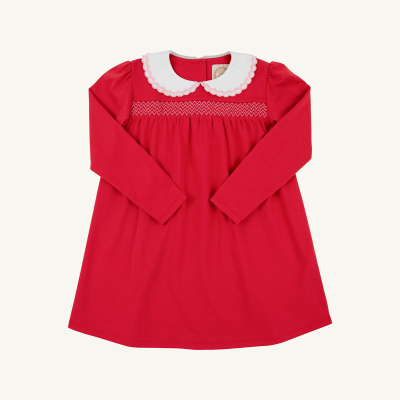 Long Sleeve Smocked Holly Day Dress in Richmond Red with Worth Avenue White, a red long-sleeve Christmas dress featuring a white scalloped collar and smocked detailing on the chest.