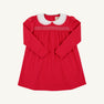 Long Sleeve Smocked Holly Day Dress in Richmond Red with Worth Avenue White, a red long-sleeve Christmas dress featuring a white scalloped collar and smocked detailing on the chest.