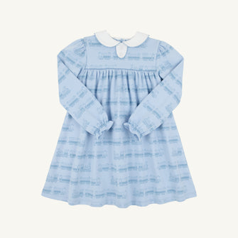 Embroidery result for: Long Sleeve Mary Dal Dress - Blue Choo Choos with Worth Avenue White