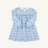 The Beaufort Bonnet Company’s Long Sleeve Mary Dal Dress in Blue Choo Choos with Worth Avenue White features a light blue Pima Cotton Knit design, a charming Peter Pan collar, and a subtle train pattern. This toddler dress is detailed with gathered waist and sleeve accents for added sweetness.