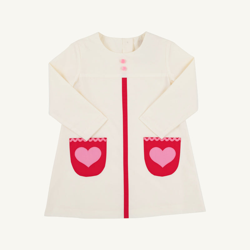 Long Sleeve Peggy Pocket Dress - Palmetto Pearl with Richmond Red & Hamptons Hot Pink Heart Pockets