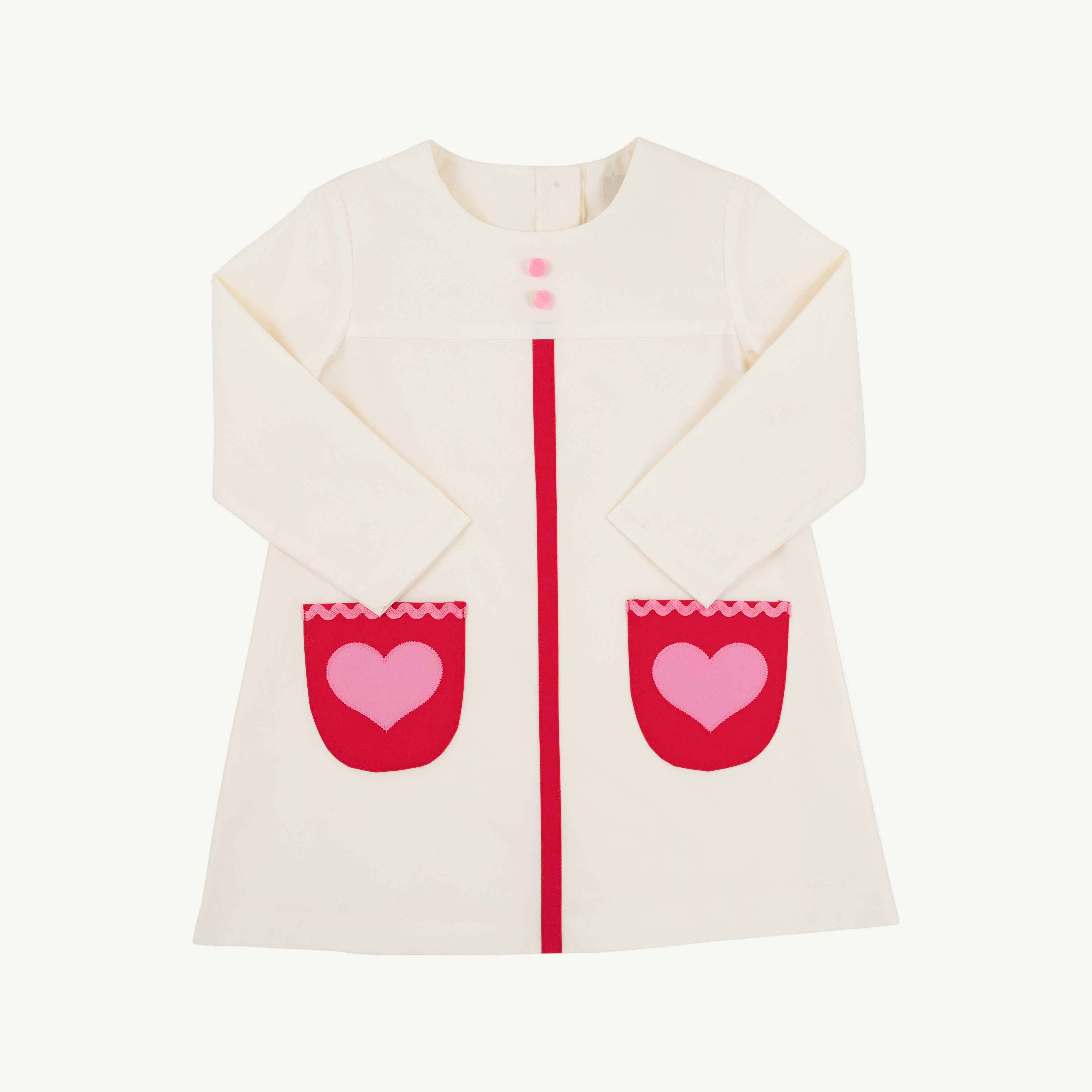 Long Sleeve Peggy Pocket Dress - Palmetto Pearl with Richmond Red & Hamptons Hot Pink Heart Pockets
