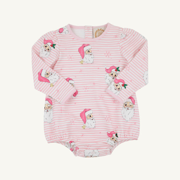 Long Sleeve Penny’s Play Bubble - Dear Santa (Palm Beach Pink Stripe) in a pink and white stripe pattern with a repeating Santa Claus and snowflake print.