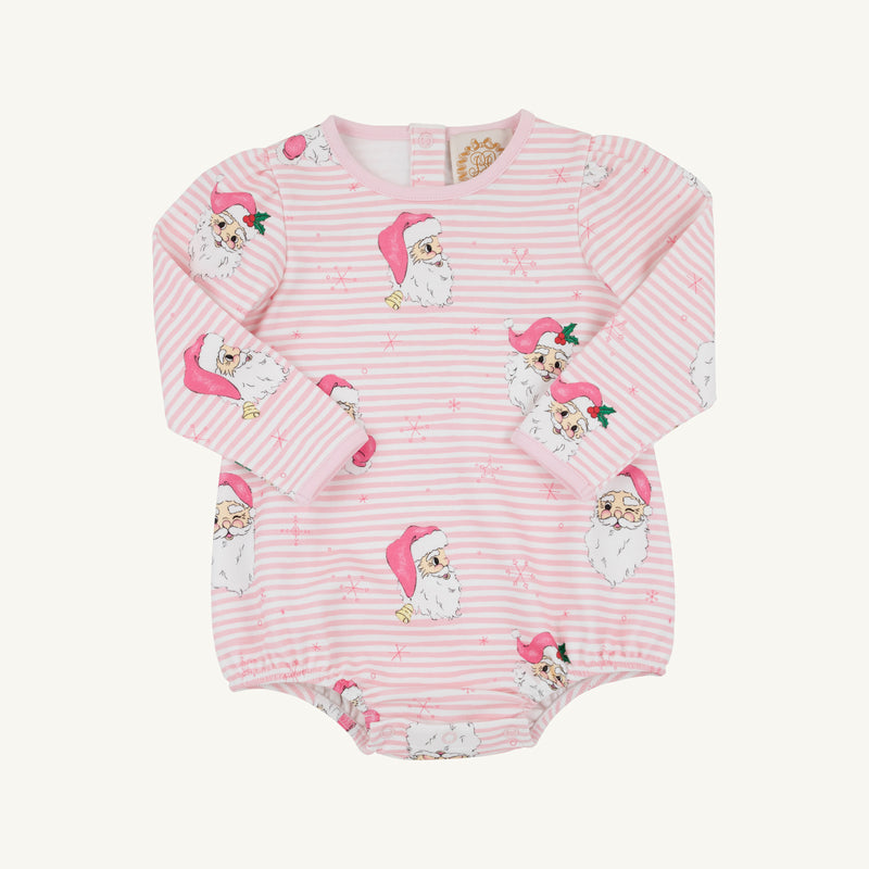 Long Sleeve Penny’s Play Bubble - Dear Santa (Palm Beach Pink Stripe) in a pink and white stripe pattern with a repeating Santa Claus and snowflake print.