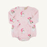 Long Sleeve Penny’s Play Bubble - Dear Santa (Palm Beach Pink Stripe) in a pink and white stripe pattern with a repeating Santa Claus and snowflake print.