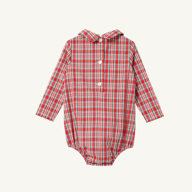 The Beaufort Bonnet Company Long Sleeve Peter Pan Collar Shirt & Onesie in Woodspoint Plaid, with red and green plaid pattern, three white buttons down the front, and a Peter Pan collar, is displayed laid flat on a plain background.