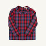 The Beaufort Bonnet Company Long Sleeve Peter Pan Collar Shirt - Bucktown Tartan, featuring a classic red and blue plaid pattern, is displayed flat on a white background. Perfect for a festive holiday outfit for children.