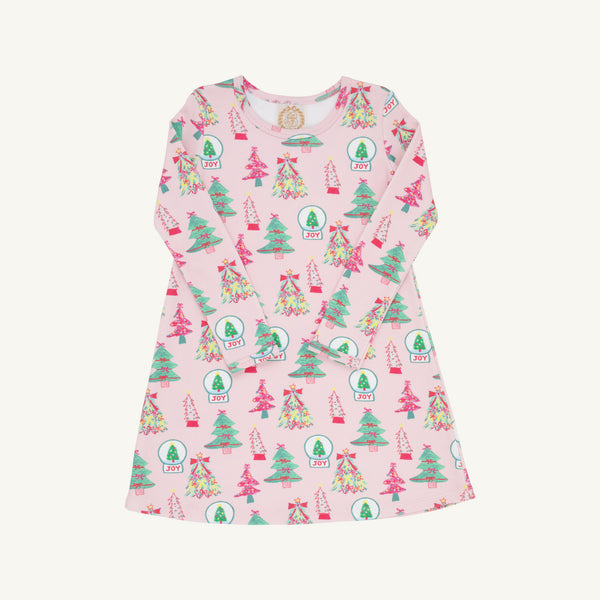 Long Sleeve Polly Play Dress - Christmas Coloring Contest in pale pink, with a festive A-line design patterned with colorful trees, presents, and snow globes with the word JOY.