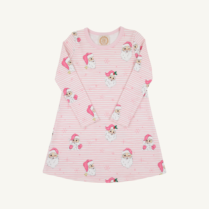 Long Sleeve Polly Play Dress - Dear Santa (Palm Beach Pink Stripe) with Palm Beach Pink, a long-sleeve Pima cotton knit A-line dress featuring a repeating Santa Claus and snowflake print.