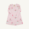 Long Sleeve Polly Play Dress - Dear Santa (Palm Beach Pink Stripe) with Palm Beach Pink, a long-sleeve Pima cotton knit A-line dress featuring a repeating Santa Claus and snowflake print.
