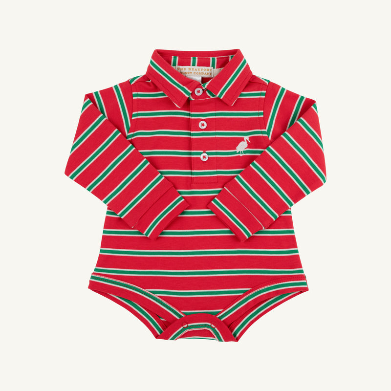The Long Sleeve Prim & Proper Polo & Onesie by The Beaufort Bonnet Company features Richmond Red, Kiawah Kelly Green, and Palmetto Pearl stripes, a collared neckline, front buttons, and a small embroidered logo on the chest.