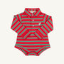 The Long Sleeve Prim & Proper Polo & Onesie by The Beaufort Bonnet Company features Richmond Red, Kiawah Kelly Green, and Palmetto Pearl stripes, a collared neckline, front buttons, and a small embroidered logo on the chest.