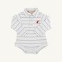 Long Sleeve Prim & Proper Polo & Onesie - Grantley Gray Stripe with Richmond Red Stork infant bodysuit in Pima cotton with a collared polo neck and red stork embroidery on the chest.