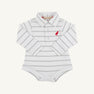 Long Sleeve Prim & Proper Polo & Onesie - Grantley Gray Stripe with Richmond Red Stork infant bodysuit in Pima cotton with a collared polo neck and red stork embroidery on the chest.