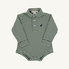 Long Sleeve Prim & Proper Polo & Onesie - Grier Green & Palmetto Pearl Stripe with Nantucket Navy Stork