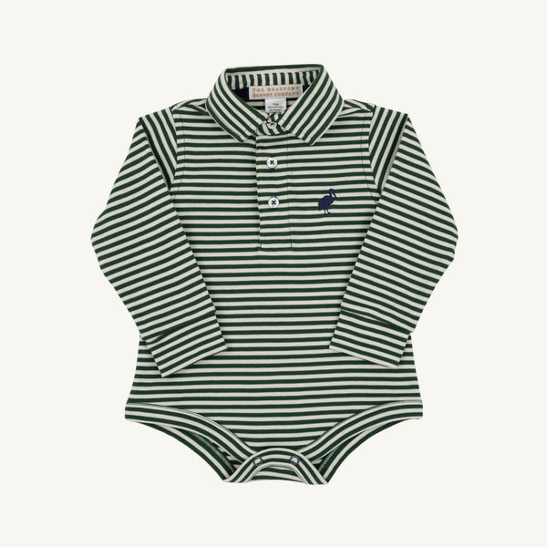 The Beaufort Bonnet Company Long Sleeve Prim & Proper Polo & Onesie in Grier Green & Palmetto Pearl Stripe features a collared design with three buttons and is finished with a Nantucket Navy stork embroidered on the chest for a classic preppy style.