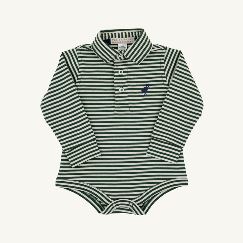 The Beaufort Bonnet Company Long Sleeve Prim & Proper Polo & Onesie in Grier Green & Palmetto Pearl Stripe features a collared design with three buttons and is finished with a Nantucket Navy stork embroidered on the chest for a classic preppy style.
