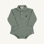 The Beaufort Bonnet Company Long Sleeve Prim & Proper Polo & Onesie in Grier Green & Palmetto Pearl Stripe features a collared design with three buttons and is finished with a Nantucket Navy stork embroidered on the chest for a classic preppy style.