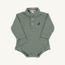 The Beaufort Bonnet Company Long Sleeve Prim & Proper Polo & Onesie in Grier Green & Palmetto Pearl Stripe features a collared design with three buttons and is finished with a Nantucket Navy stork embroidered on the chest for a classic preppy style.