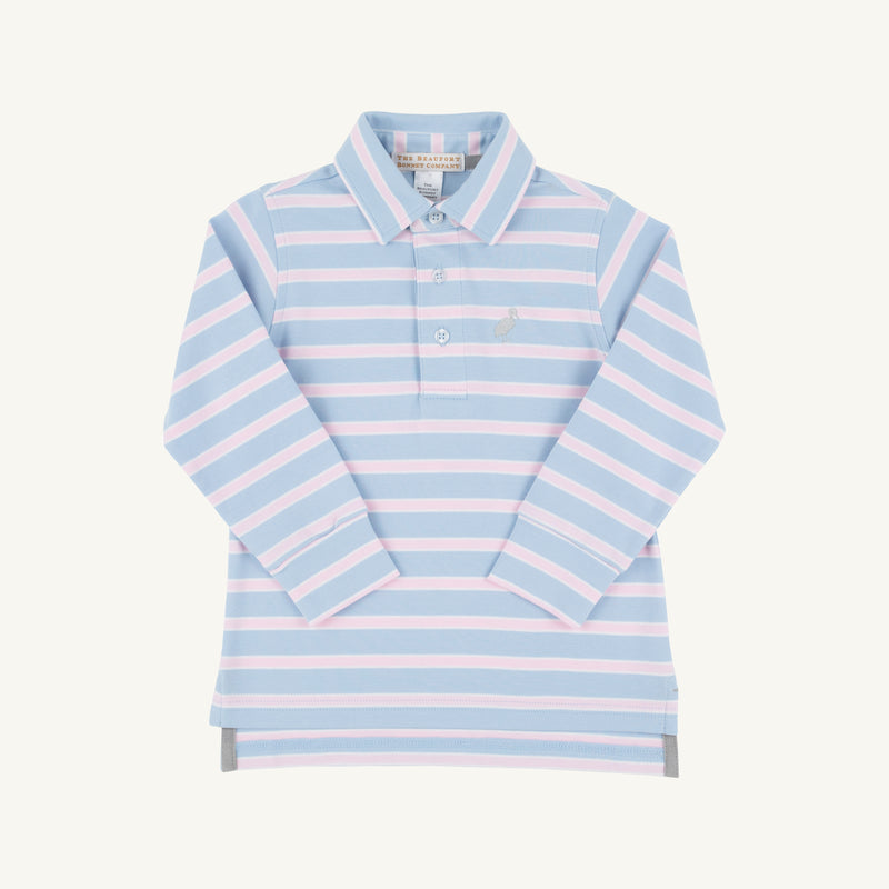 Long Sleeve Prim & Proper Polo & Onesie - Beale Street Blue, Palm Beach Pink, and Worth Avenue White Stripe with Grantley Gray Stork