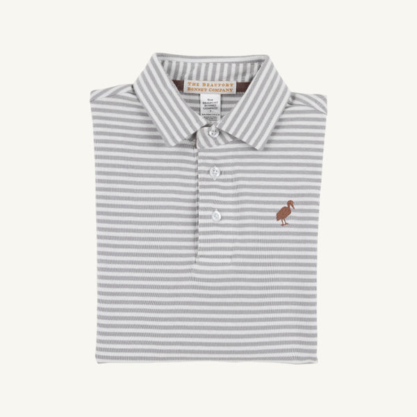 Long Sleeve Prim & Proper Polo & Onesie - Grantley Gray Stripe with Gray Bay Brown Stork