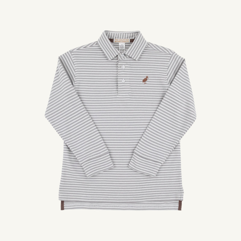 Long Sleeve Prim & Proper Polo & Onesie - Grantley Gray Stripe with Gray Bay Brown Stork