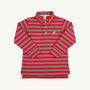A Long Sleeve Prim & Proper Polo by The Beaufort Bonnet Company, in Richmond Red with Kiawah Kelly Green and Palmetto Pearl stripes, featuring a collar, buttons, and a small white bird logo on the chest, is laid flat on a white background.