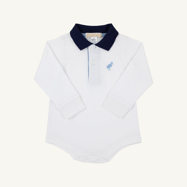 Long Sleeve Prim & Proper Polo & Onesie - Worth Avenue White with Nantucket Navy & Barrington Blue