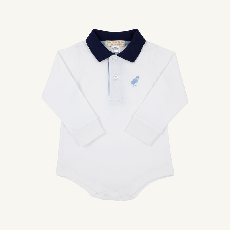Long Sleeve Prim & Proper Polo & Onesie - Worth Avenue White with Nantucket Navy & Barrington Blue