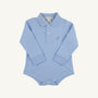 Long Sleeve Prim & Proper Polo & Onesie in Beale Street Blue with Barrington Blue Stork by The Beaufort Bonnet Company, crafted from soft Pima Cotton Onesie fabric. Features a polo collar, three buttons, and an embroidered Barrington Blue stork on the left chest. Snaps at the bottom allow for easy diaper changes. Shown laid flat on a white background.