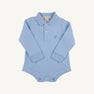 Long Sleeve Prim & Proper Polo & Onesie in Beale Street Blue with Barrington Blue Stork by The Beaufort Bonnet Company, crafted from soft Pima Cotton Onesie fabric. Features a polo collar, three buttons, and an embroidered Barrington Blue stork on the left chest. Snaps at the bottom allow for easy diaper changes. Shown laid flat on a white background.