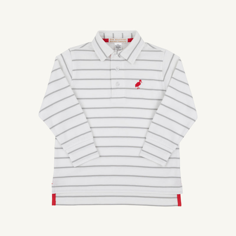 Long Sleeve Prim & Proper Polo & Onesie - Grantley Gray Stripe with Richmond Red Stork featuring horizontal stripes and a small red stork embroidery on the chest.