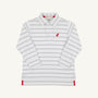 Long Sleeve Prim & Proper Polo & Onesie - Grantley Gray Stripe with Richmond Red Stork featuring horizontal stripes and a small red stork embroidery on the chest.