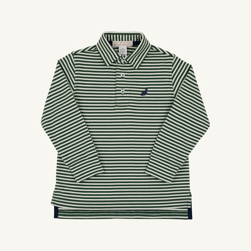 Long Sleeve Prim & Proper Polo & Onesie - Grier Green & Palmetto Pearl Stripe with Nantucket Navy Stork