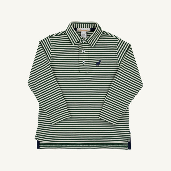 The Beaufort Bonnet Company’s Long Sleeve Prim & Proper Polo & Onesie in Grier Green & Palmetto Pearl Stripe features classic green and white horizontal stripes, a two-button collar, and a small Nantucket Navy stork logo on the left chest. The preppy children’s shirt is displayed laid flat against a neutral background.