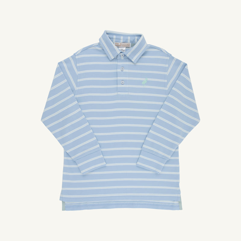 Long Sleeve Prim & Proper Polo & Onesie - Sarasota Sky, Old Greenwich Green and Worth Avenue White Stripe