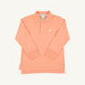 The Long Sleeve Prim & Proper Polo by The Beaufort Bonnet Company, shown here in Seashore Sherbet with a multicolor stork embroidered on the left chest, features a classic collar, two-button placket, and is laid flat on a white background.