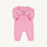 The Beaufort Bonnet Company’s Long Sleeve Ramona Ruffle Romper in Hamptons Hot Pink features a ruffled collar and a delicate wreath embroidery on the chest. Crafted from soft Pima Cotton, this romper is perfect for holiday occasions and is shown against a plain white background.