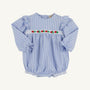 Long Sleeve Ruehling Ruffle Bubble - Park City Periwinkle Ticking Stripe & Worth Avenue White, a long-sleeve baby girl romper in a blue and white striped bubble style with ruffled shoulders and a white chest band embroidered with floral details.