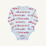 The Beaufort Bonnet Company’s Long Sleeve Walt Onesie - Choo Choo Coming Through with Buckhead Blue is a soft Pima cotton baby bodysuit, designed in a light blue shade and decorated with playful train and track motifs along vertical stripes, shown laid flat on a white background.
