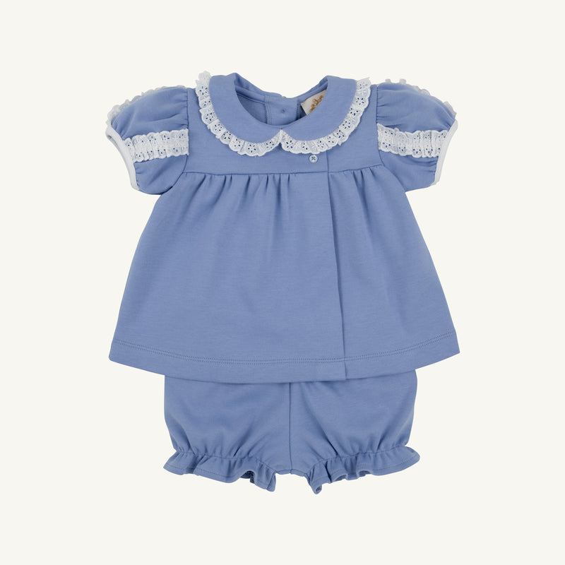The Mary Baker Bloomer Set - Park City Periwinkle with Worth Avenue White is a periwinkle blue Pima cotton knit infant top and bloomer set with white eyelet lace trim on the collar and sleeves.