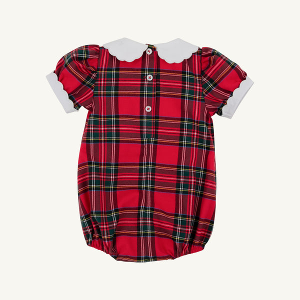 Mary Baker Bubble - Society Prep Plaid with Worth Avenue White baby bubble romper featuring a red plaid pattern, a white scalloped collar and sleeve cuffs, and a button-front closure.