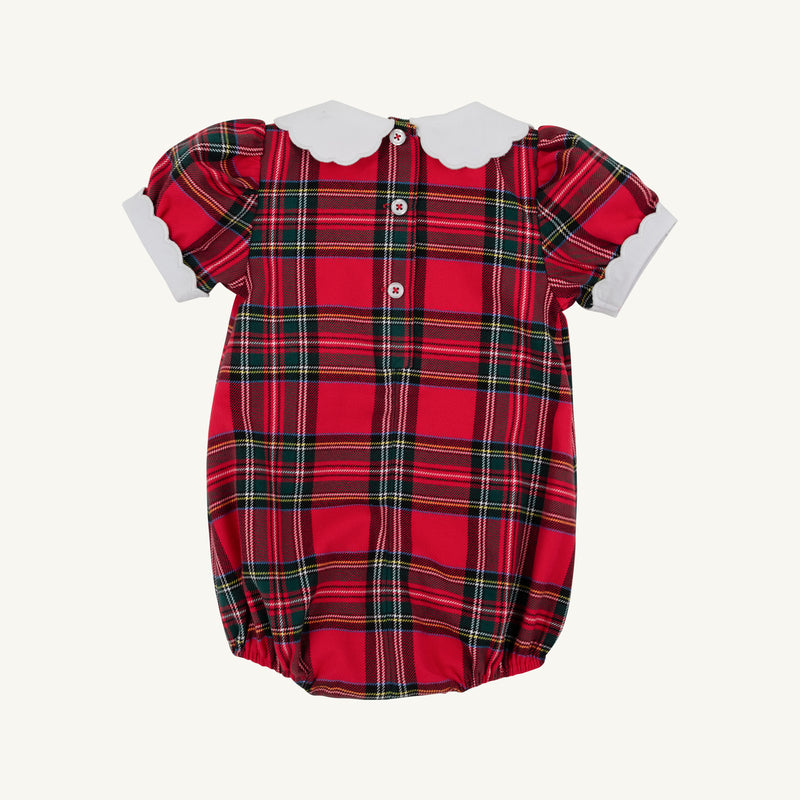 Mary Baker Bubble - Society Prep Plaid with Worth Avenue White baby bubble romper featuring a red plaid pattern, a white scalloped collar and sleeve cuffs, and a button-front closure.