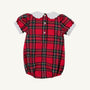 Mary Baker Bubble - Society Prep Plaid with Worth Avenue White baby bubble romper featuring a red plaid pattern, a white scalloped collar and sleeve cuffs, and a button-front closure.