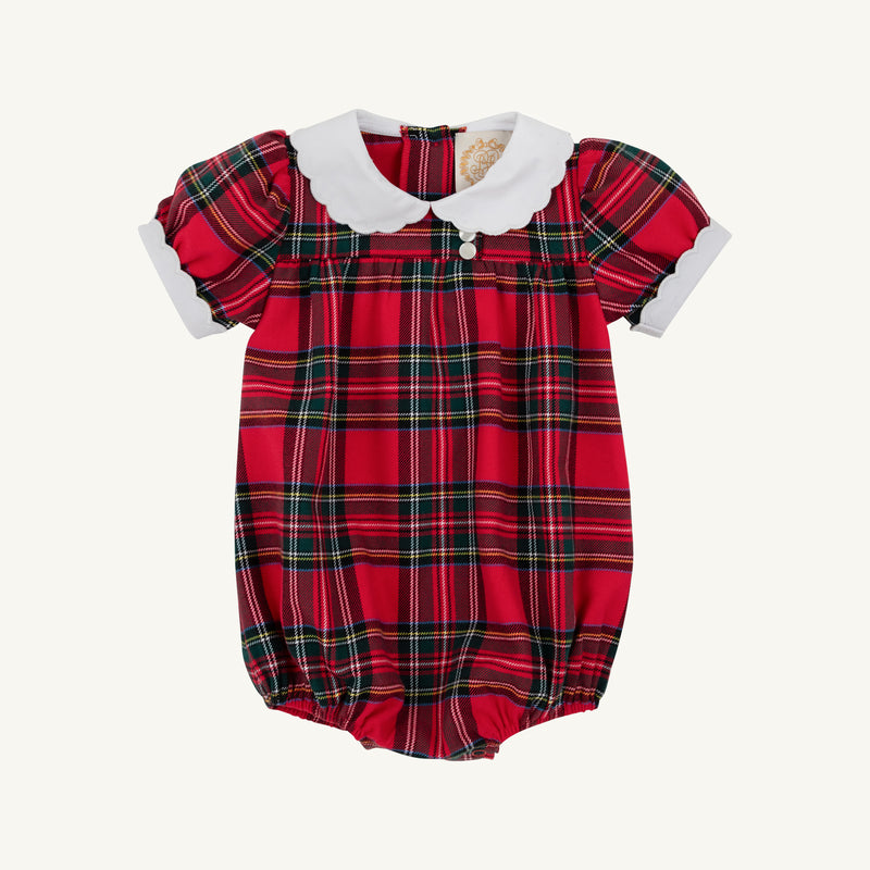 Mary Baker Bubble - Society Prep Plaid with Worth Avenue White bubble romper featuring a white scalloped Peter Pan collar and white cuffs, perfect for Christmas.